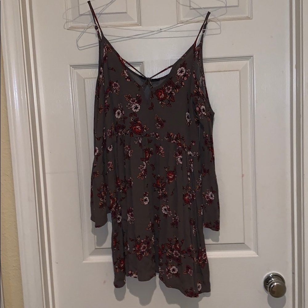 grey floral print off shoulder dress